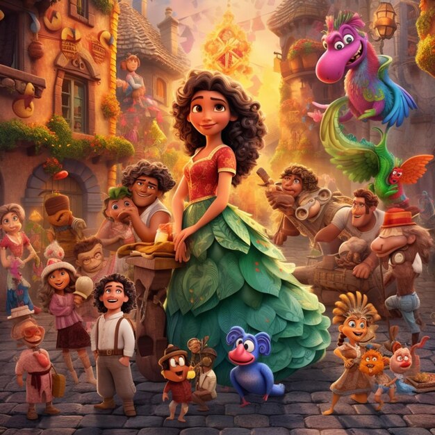 een cartoon film poster van een prinses omringd door andere personages generatieve ai