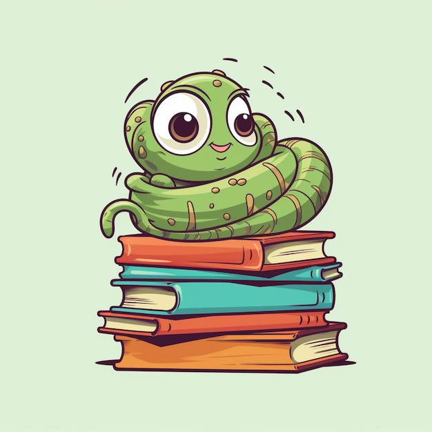 Foto een cartoon groene worm zit op de top van een stapel boeken generatieve ai