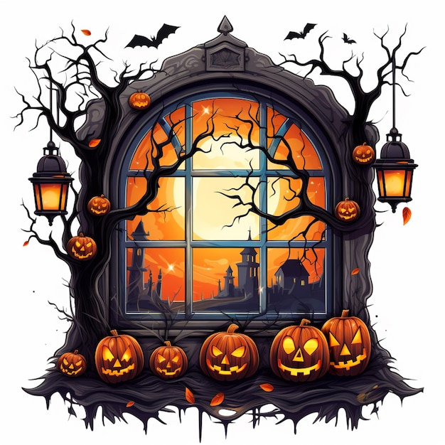 een cartoon halloween-venster met pompoenen en vleermuizen ervoor generatieve ai
