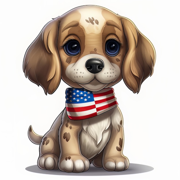 Een cartoon hond met de Amerikaanse vlag erop