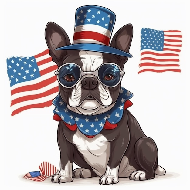 Een cartoon hond met een patriottische hoed en sjaal met een vlag generatieve ai