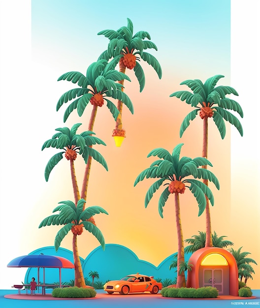 Een cartoon huis en een hut t-shirt ontwerp met palmbomen