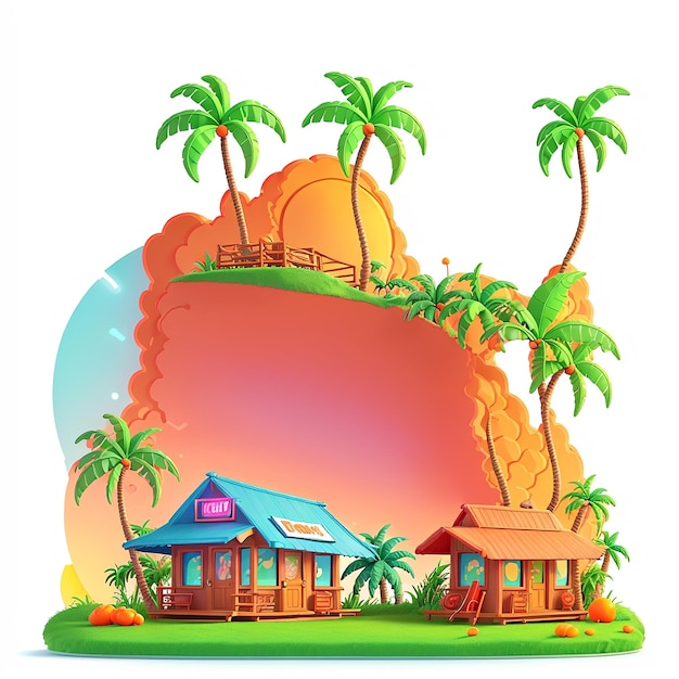 Foto een cartoon huis en een hut t-shirt ontwerp met palmbomen