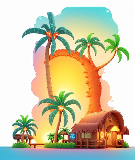 Foto een cartoon huis met palmbomen en een hut t-shirt design gegenereerd ai