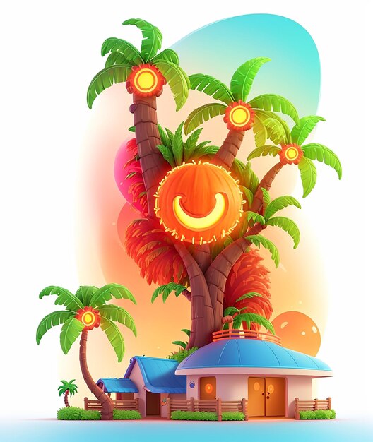 Foto een cartoon huis met palmbomen en een hut t-shirt design gegenereerd ai