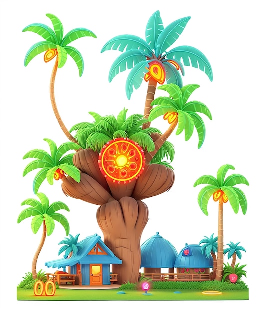 Foto een cartoon huis met palmbomen en een hut t-shirt design gegenereerd ai
