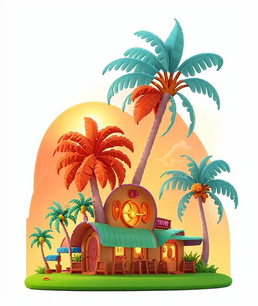 Een cartoon huis met palmbomen en een hut T-shirt Design gegenereerd Ai