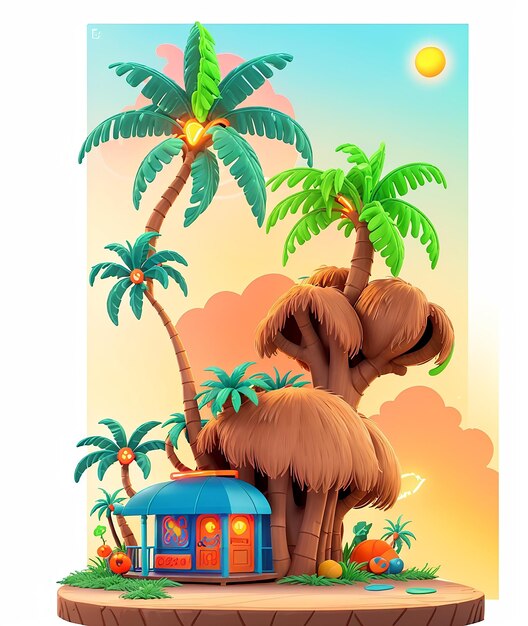 Een cartoon huis met palmbomen en een hut T-shirt Design gegenereerd Ai