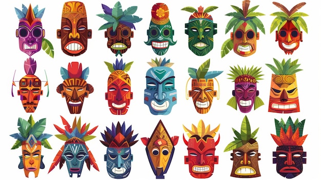 Een cartoon illustratie set van Polynesische of Afrikaanse traditionele houten gezichten met bladeren en veren Een oude cultuur ritueel element