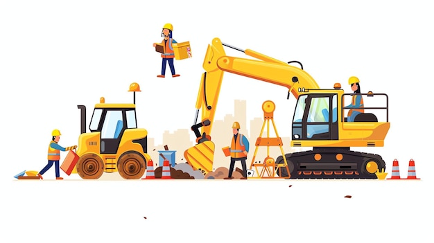 Een cartoon illustratie van bouwvakkers die zware machines bedienen