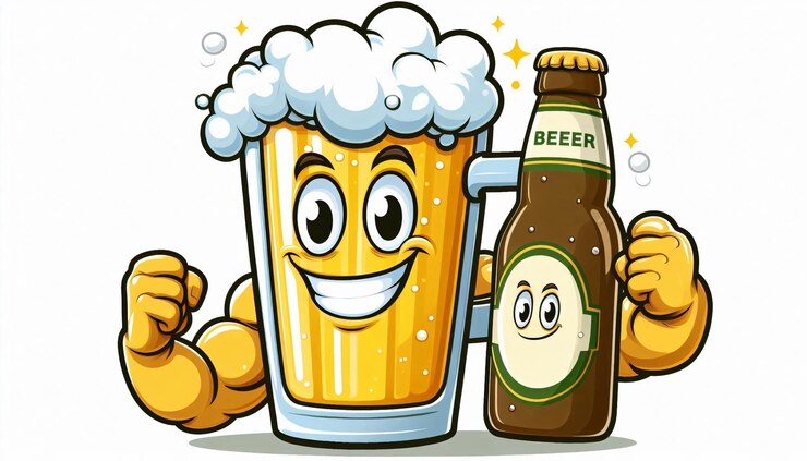 Foto een cartoon illustratie van een biermug met een glimlachende kikker er naast