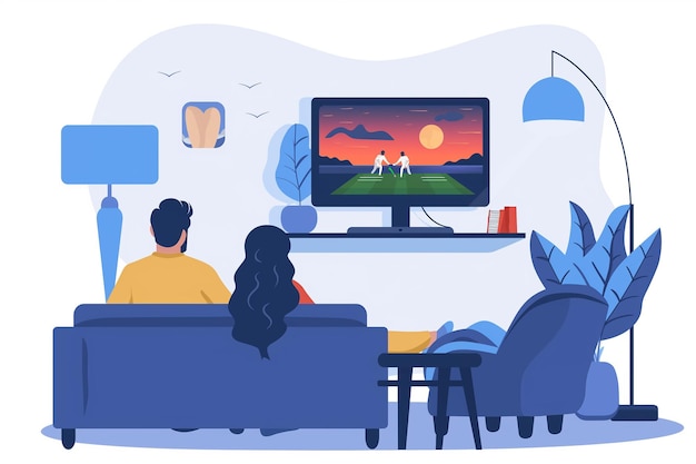 een cartoon illustratie van een echtpaar dat een gespannen cricketwedstrijd op tv kijkt