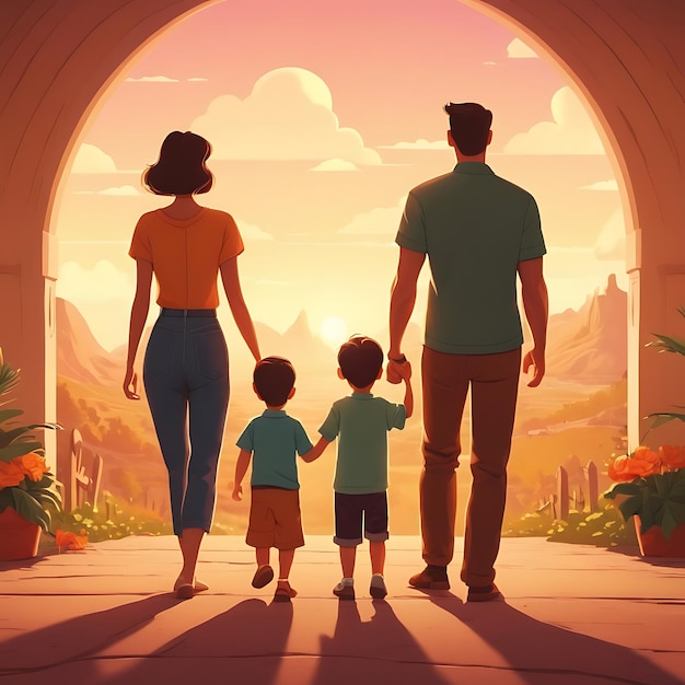 een cartoon illustratie van een gezin dat naar een gebouw loopt met een man en een kind die elkaar de handen vasthouden