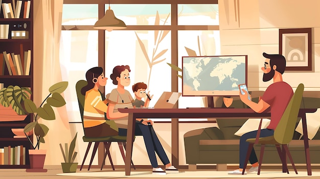 een cartoon illustratie van een gezin met hun mobiele telefoon