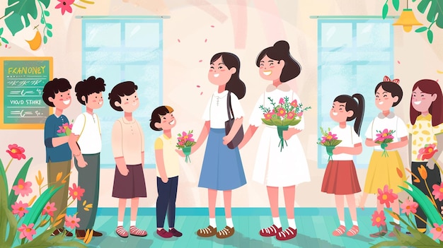 een cartoon illustratie van een gezin met kinderen die bloemen vasthouden