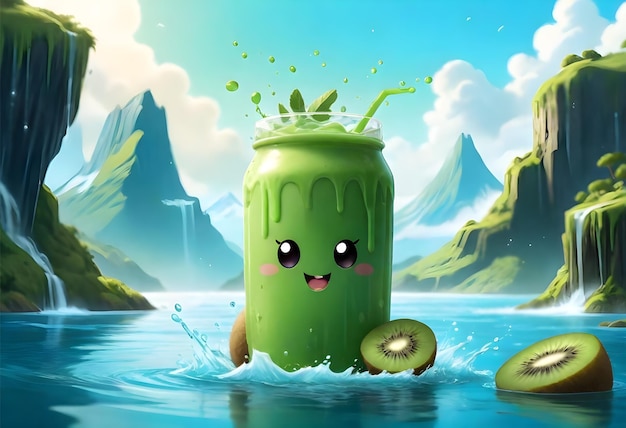 een cartoon illustratie van een groene fles met een gezicht en een groene appel in het midden