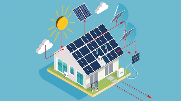 een cartoon illustratie van een huis met zonnepanelen op het dak