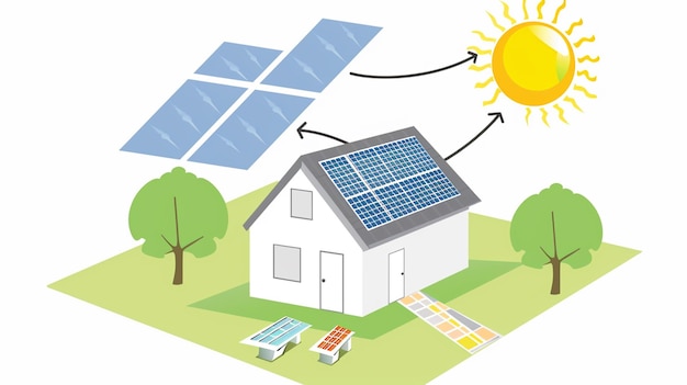 een cartoon illustratie van een huis met zonnepanelen op het dak