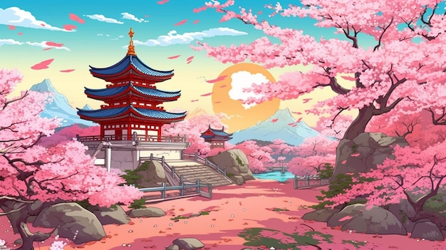 Een cartoon illustratie van een Japanse pagode omringd door roze bloemen generatieve ai