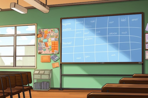 een cartoon illustratie van een kamer met een blauwe achtergrond met een raam en een kaart van de kamer met een Blauwe achtergrond.