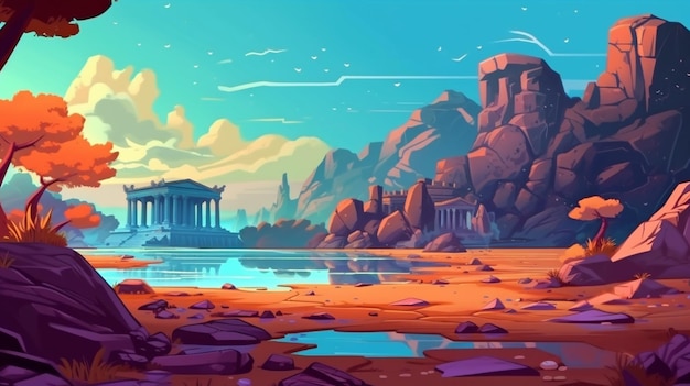 Een cartoon illustratie van een landschap met een meer en een tempel generatieve ai