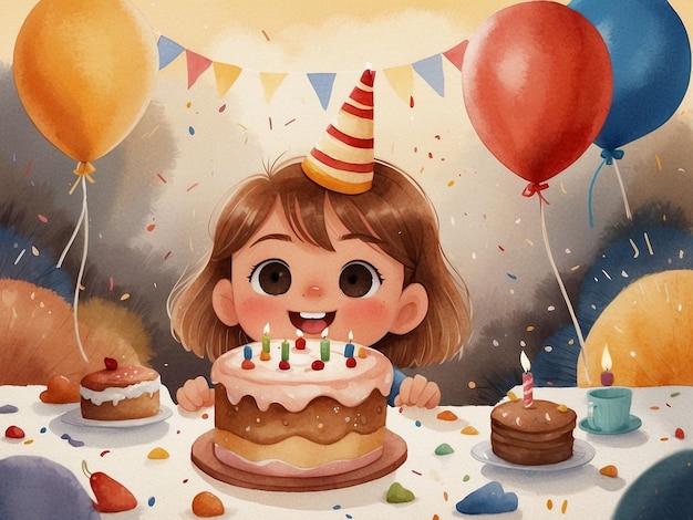 een cartoon illustratie van een meisje met een verjaardagstaart en ballonnen