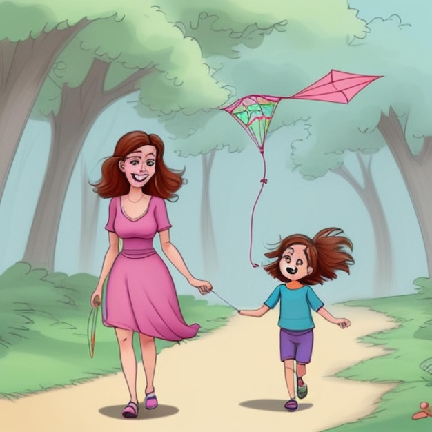 een cartoon illustratie van een moeder en haar dochter die handen vasthouden en in een bos lopen