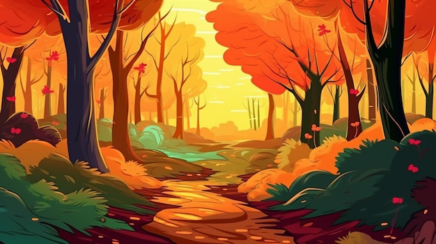 Een cartoon illustratie van een pad in een bos met bomen generatieve ai