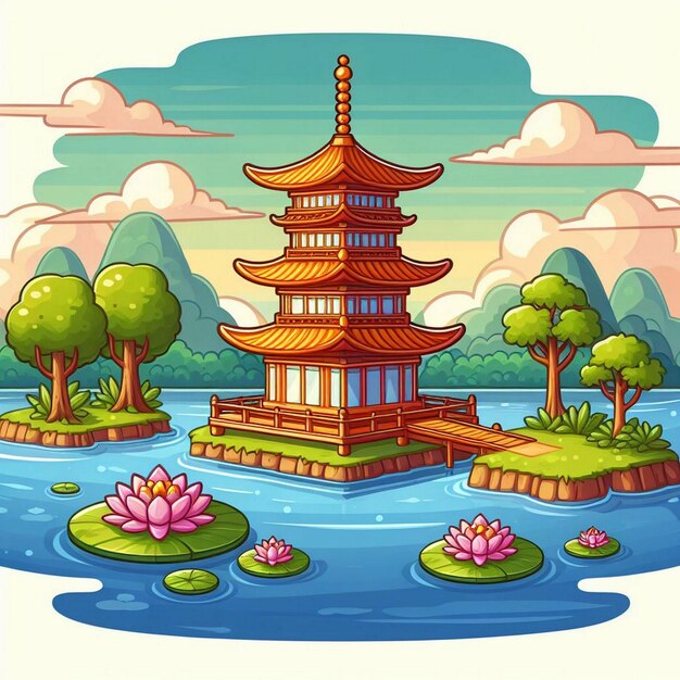 Een cartoon illustratie van een pagode op een meer met waterlelies