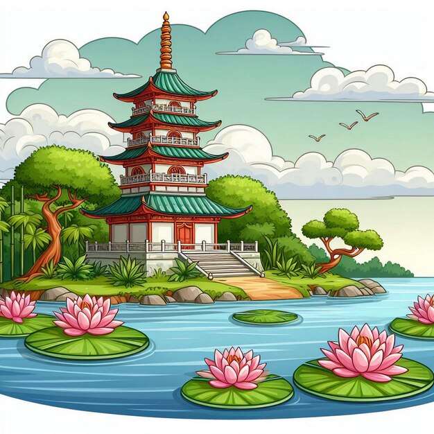 Een cartoon illustratie van een pagode op een meer met waterlelies