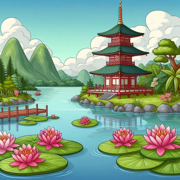 Een cartoon illustratie van een pagode op een meer met waterlelies