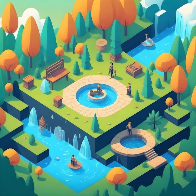 een cartoon illustratie van een park met een fontein en bomen