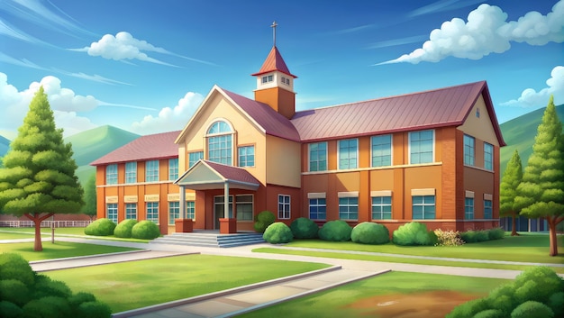 een cartoon illustratie van een schoolgebouw