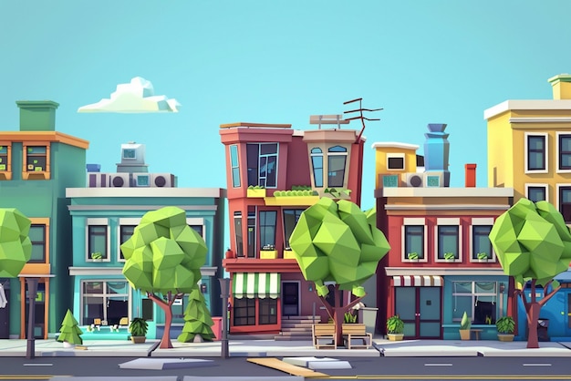 een cartoon illustratie van een stad met een boom in het midden