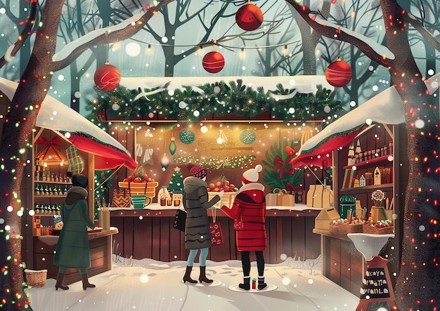 een cartoon illustratie van een winkel met een kerstboom en sneeuwvlokken