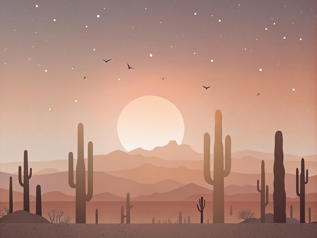 een cartoon illustratie van een woestijnlandschap met de maan en de woestijn op de achtergrond