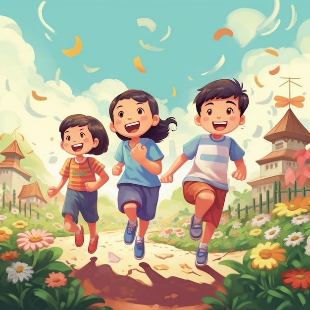 een cartoon illustratie van kinderen die rennen in een park met een kasteel op de achtergrond.