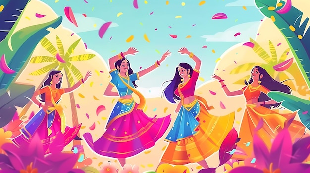 Foto een cartoon illustratie van twee meisjes in een kleurrijke jurk die in de lucht vliegen