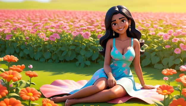 een cartoon Indiase vrouw personage zit in een veld van bloemen lente