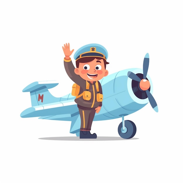 een cartoon jongen in een piloten uniform zwaait met zijn hand generatieve ai