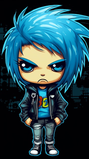 Een cartoon jongen met blauw haar en een zwarte jas generatieve ai
