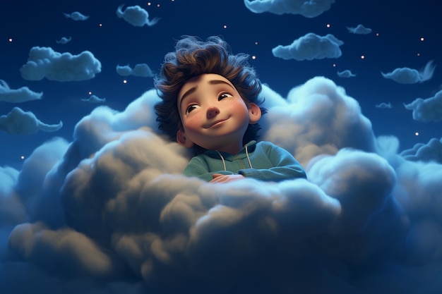 een cartoon jongen personage slapen op een wolk