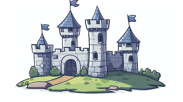 Foto een cartoon kasteel met blauwe vlaggen het kasteel heeft drie torens en een grote poort