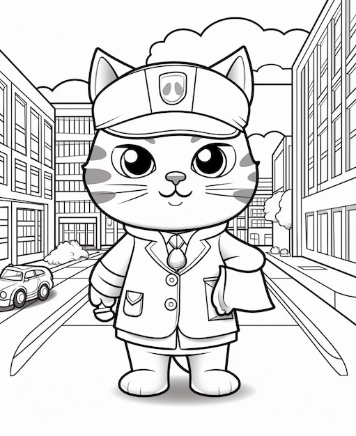 Foto een cartoon kat in een politieuniform die in een stadsstraat staat generatieve ai