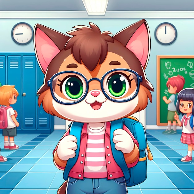 Foto een cartoon kat met een bril in een klas met een schoolbord erachter