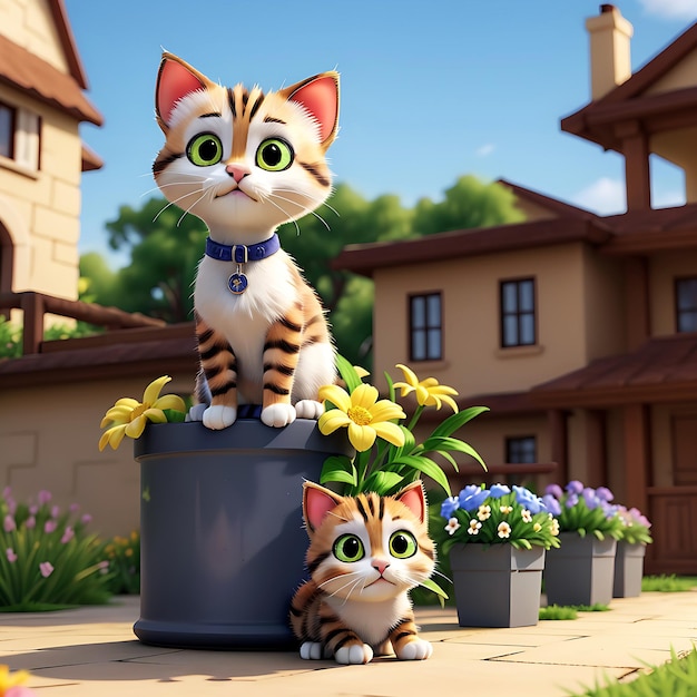 Foto een cartoon kat zit op een pot met bloemen ai generate