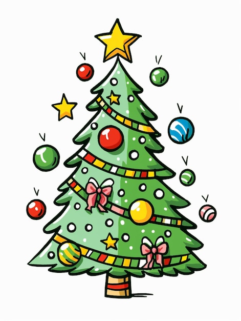 een cartoon-kerstboom met ornamenten en sterren bovenop generatieve ai