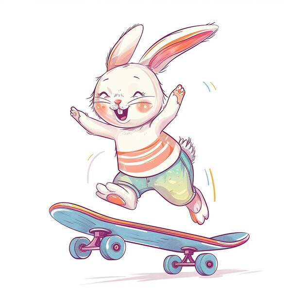 Foto een cartoon konijn met een gestreepte shirt aan en een skateboard met een cartoon kanijn erop