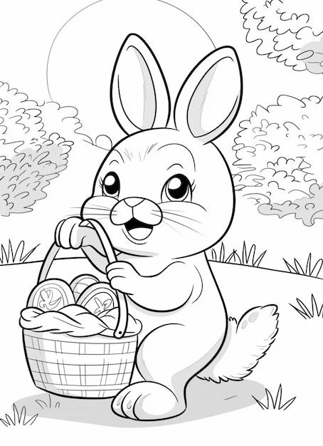 een cartoon konijn met een mandje eieren in het gras generatieve ai