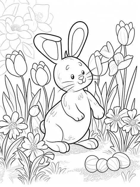 Foto een cartoon konijn met tulpen op de achtergrond